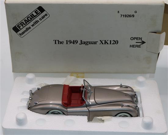 Five 1:24 scale collectors diecast model cars, inc Rolls Royce (2), Jaguar, Chevrolet and Cadillac (mint, boxed)